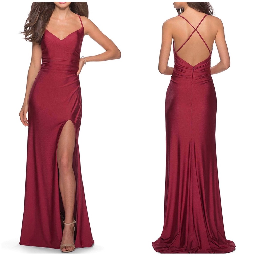 La Femme Long CrissCross Strapped High Slit Sheath Gown Dress Burgundy Sz 2 NWT